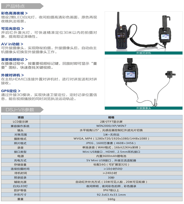 警翼V8执法记录仪特点与参数图